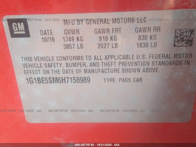 Photo 8 VIN: 1G1BE5SM6H7158989 - CHEVROLET CRUZE 