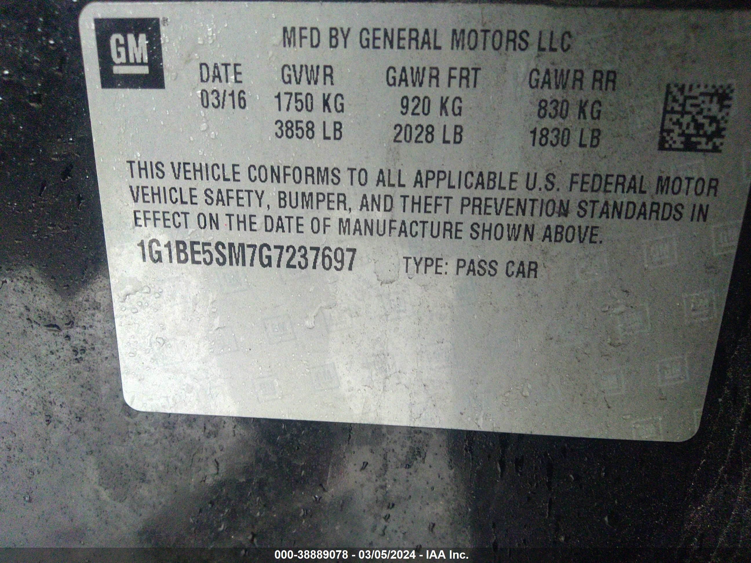 Photo 8 VIN: 1G1BE5SM7G7237697 - CHEVROLET CRUZE 