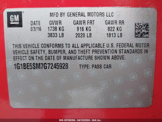 Photo 8 VIN: 1G1BE5SM7G7245928 - CHEVROLET CRUZE 