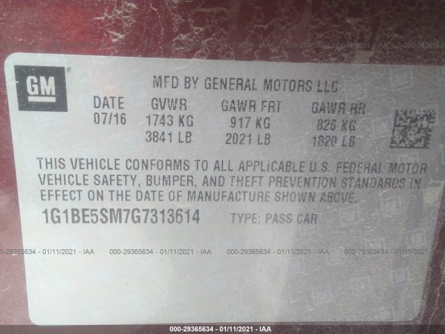 Photo 8 VIN: 1G1BE5SM7G7313614 - CHEVROLET CRUZE 