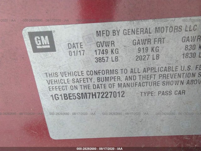 Photo 8 VIN: 1G1BE5SM7H7227012 - CHEVROLET CRUZE 