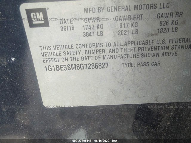 Photo 8 VIN: 1G1BE5SM8G7286827 - CHEVROLET CRUZE 