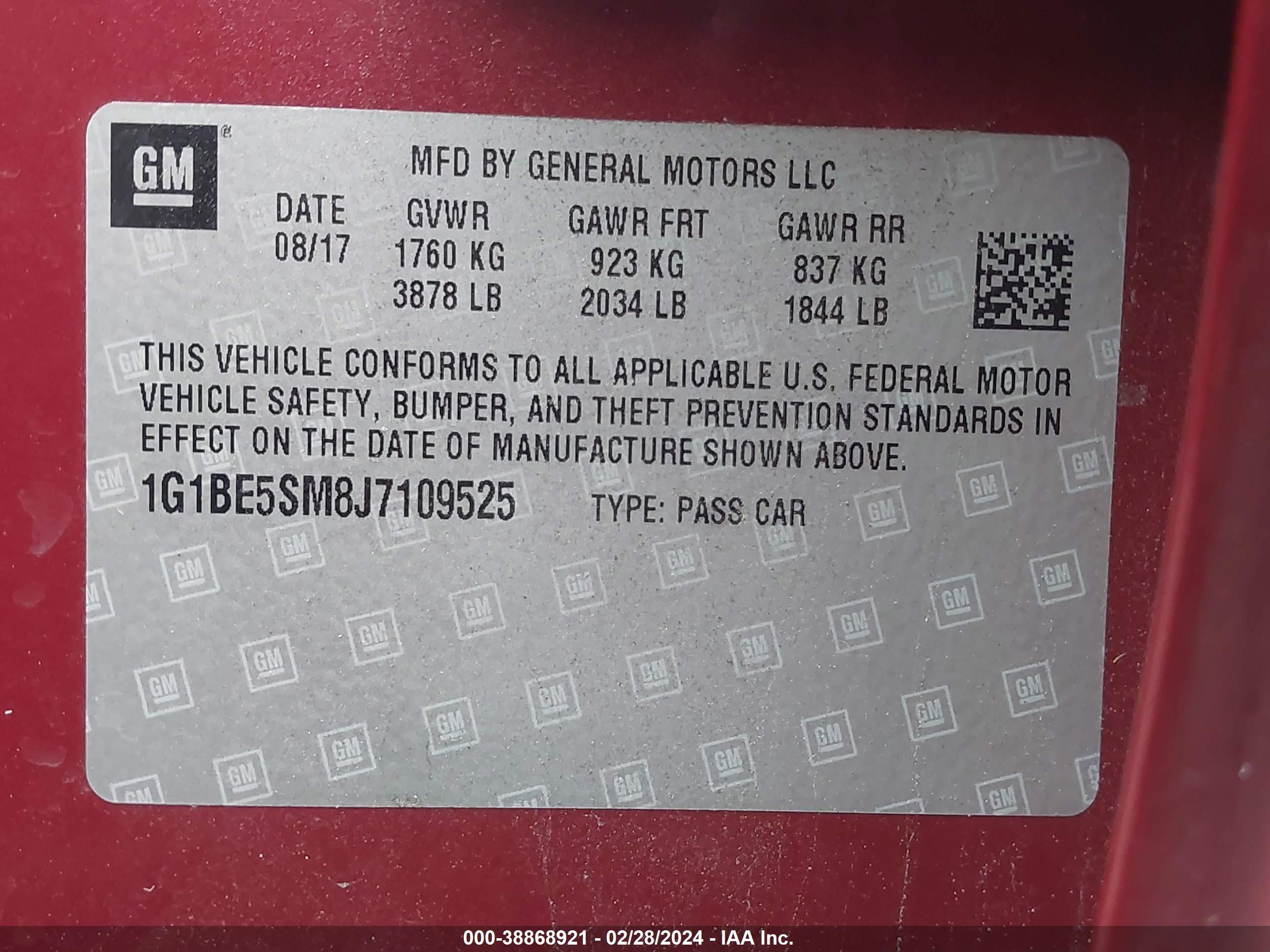 Photo 8 VIN: 1G1BE5SM8J7109525 - CHEVROLET CRUZE 