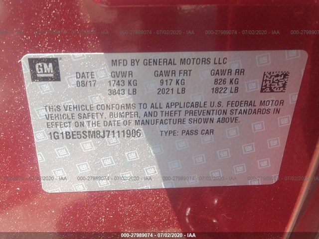 Photo 8 VIN: 1G1BE5SM8J7111906 - CHEVROLET CRUZE 