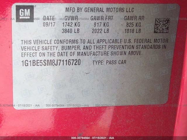 Photo 8 VIN: 1G1BE5SM8J7116720 - CHEVROLET CRUZE 