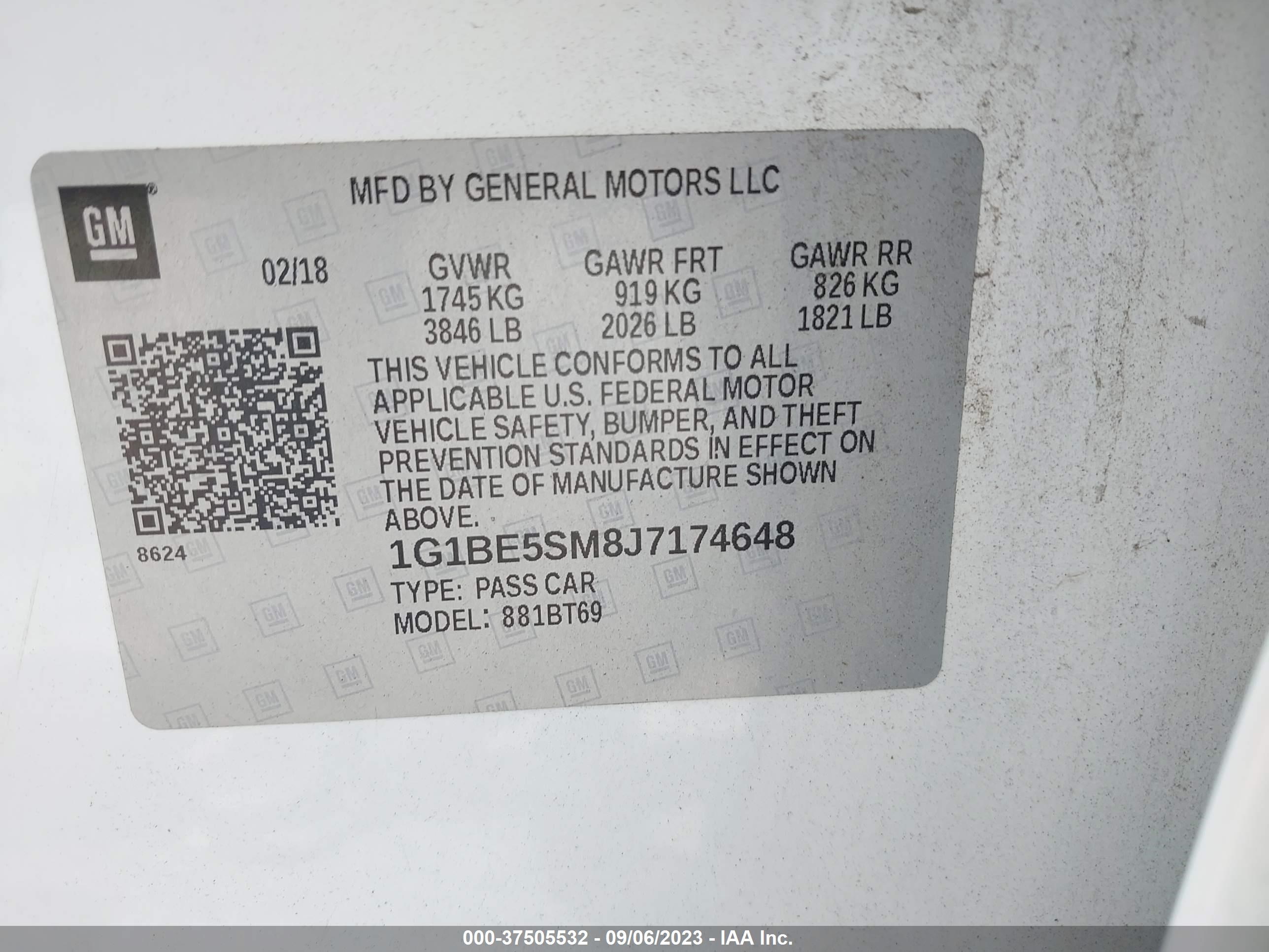 Photo 8 VIN: 1G1BE5SM8J7174648 - CHEVROLET CRUZE 