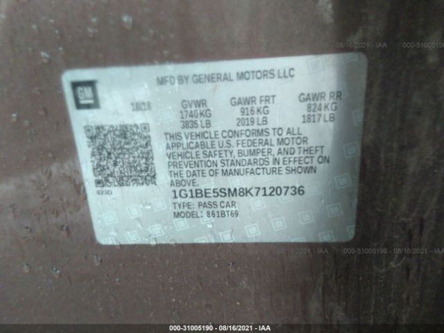 Photo 8 VIN: 1G1BE5SM8K7120736 - CHEVROLET CRUZE 