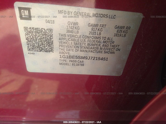 Photo 8 VIN: 1G1BE5SM9J7215451 - CHEVROLET CRUZE 