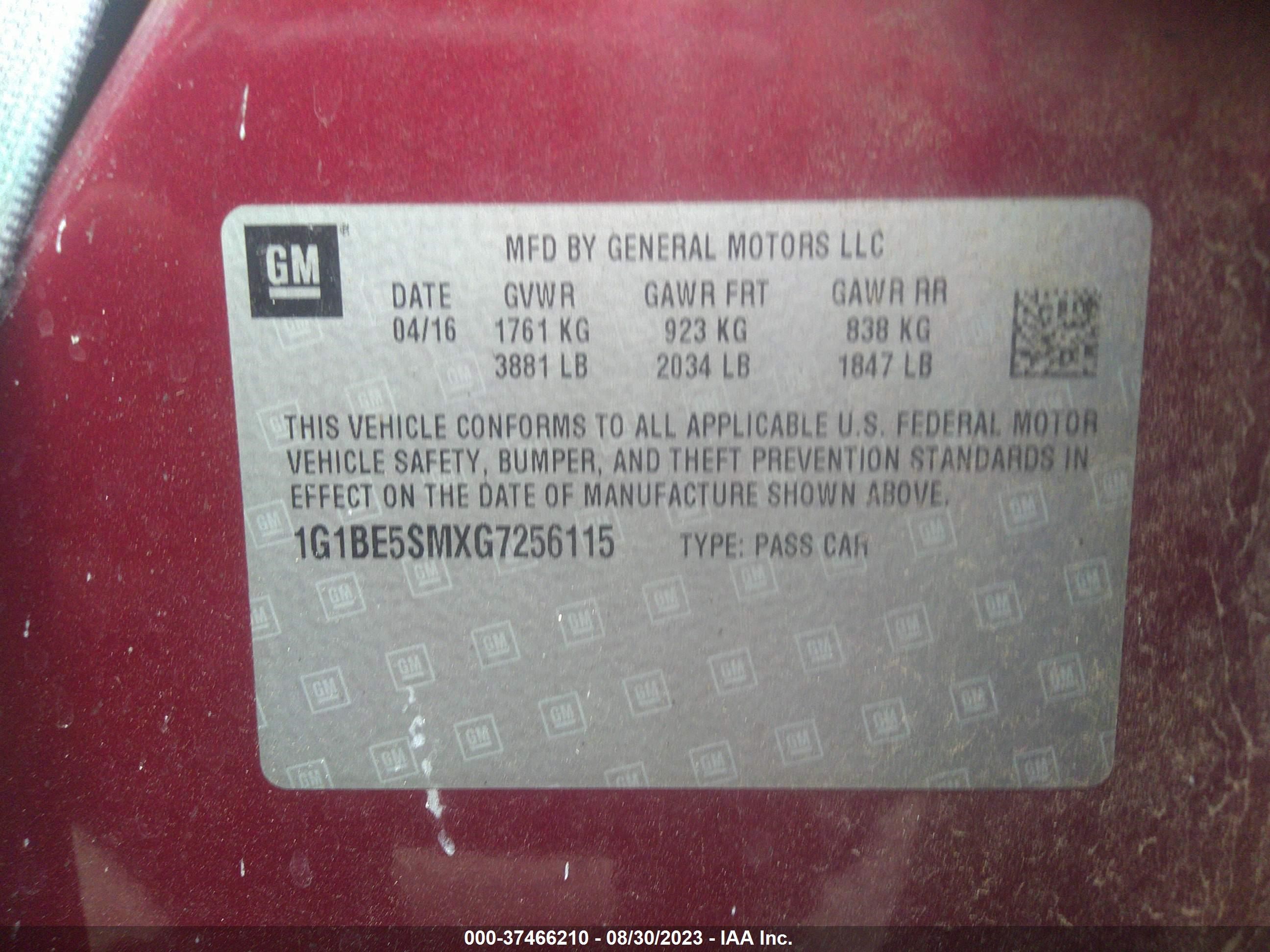 Photo 8 VIN: 1G1BE5SMXG7256115 - CHEVROLET CRUZE 