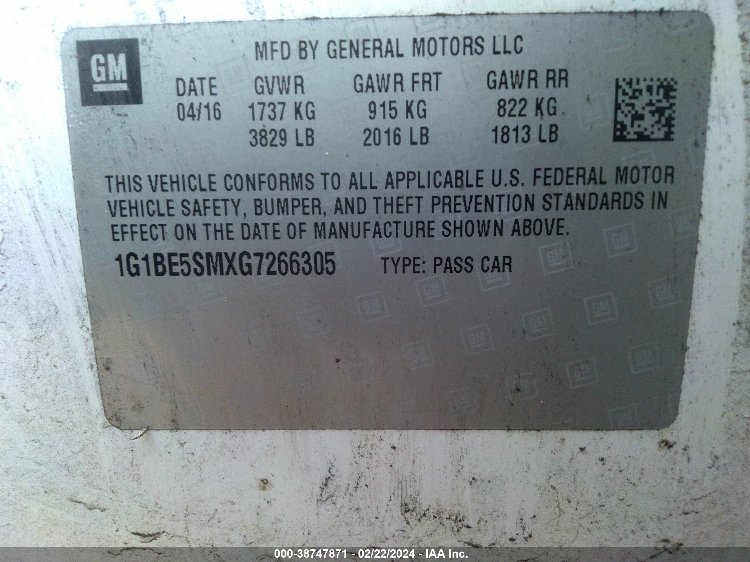 Photo 8 VIN: 1G1BE5SMXG7266305 - CHEVROLET CRUZE 