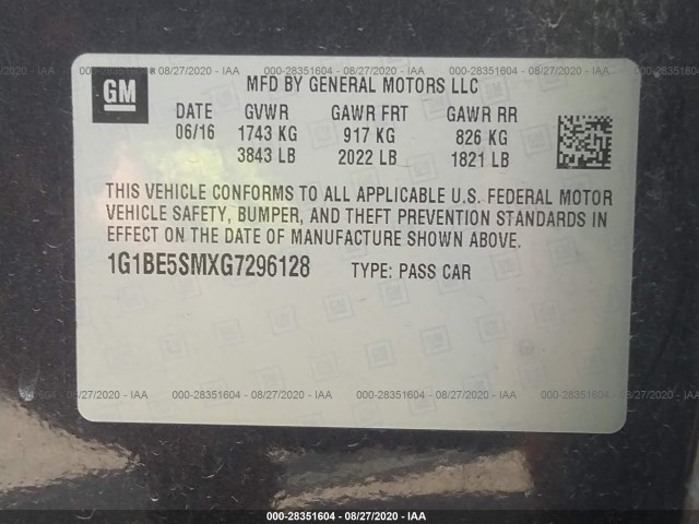 Photo 8 VIN: 1G1BE5SMXG7296128 - CHEVROLET CRUZE 