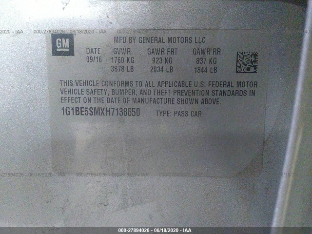 Photo 8 VIN: 1G1BE5SMXH7138650 - CHEVROLET CRUZE 