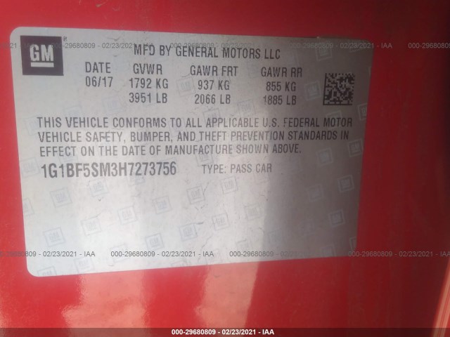 Photo 8 VIN: 1G1BF5SM3H7273756 - CHEVROLET CRUZE 