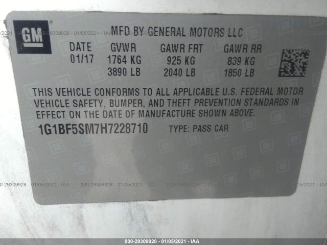 Photo 8 VIN: 1G1BF5SM7H7228710 - CHEVROLET CRUZE 