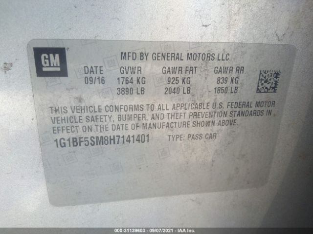 Photo 8 VIN: 1G1BF5SM8H7141401 - CHEVROLET CRUZE 