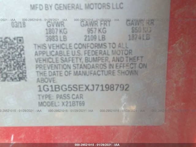 Photo 8 VIN: 1G1BG5SEXJ7198792 - CHEVROLET CRUZE 