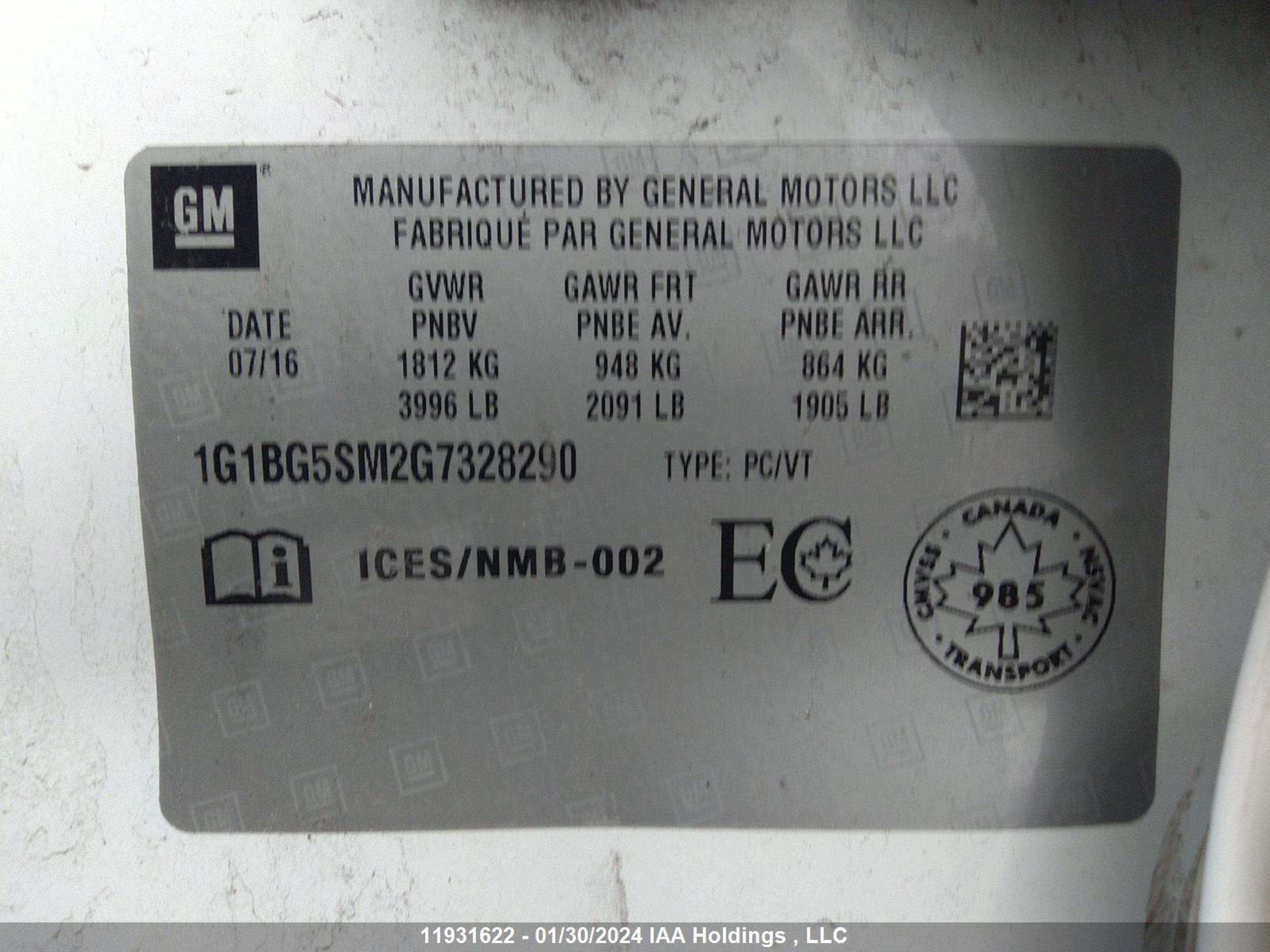 Photo 8 VIN: 1G1BG5SM2G7328290 - CHEVROLET CRUZE 