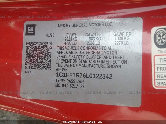 Photo 8 VIN: 1G1FF1R76L0122342 - CHEVROLET CAMARO 