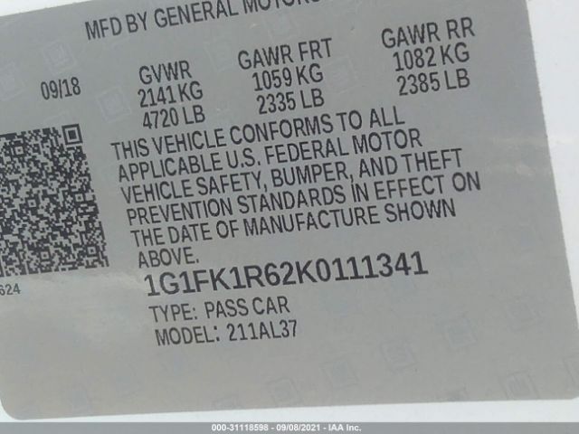 Photo 8 VIN: 1G1FK1R62K0111341 - CHEVROLET CAMARO 