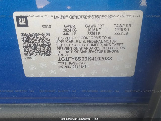 Photo 8 VIN: 1G1FY6S09K4102033 - CHEVROLET BOLT EV 