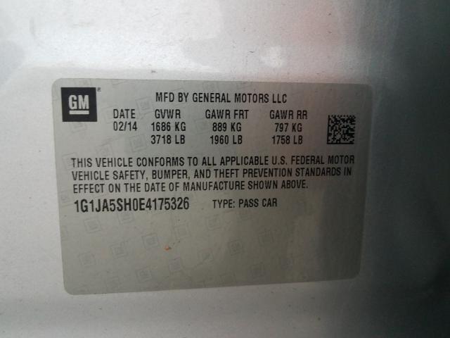 Photo 9 VIN: 1G1JA5SH0E4175326 - CHEVROLET SONIC LS 