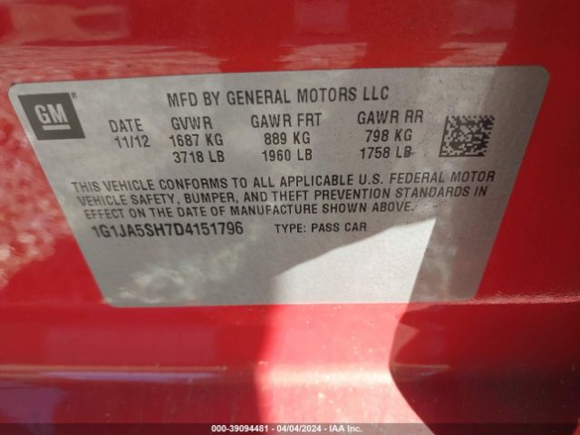 Photo 8 VIN: 1G1JA5SH7D4151796 - CHEVROLET SONIC 