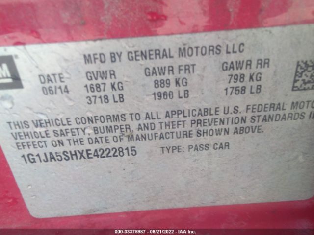 Photo 8 VIN: 1G1JA5SHXE4222815 - CHEVROLET SONIC 