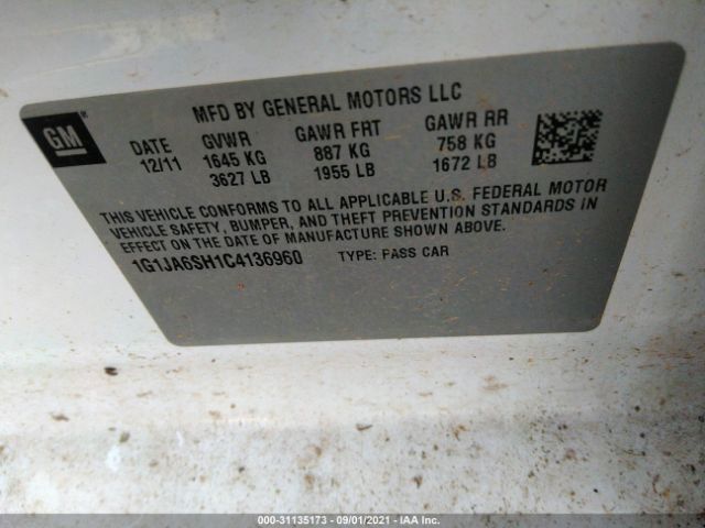 Photo 8 VIN: 1G1JA6SH1C4136960 - CHEVROLET SONIC 