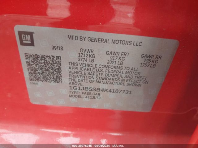 Photo 8 VIN: 1G1JB5SB4K4107731 - CHEVROLET SONIC 