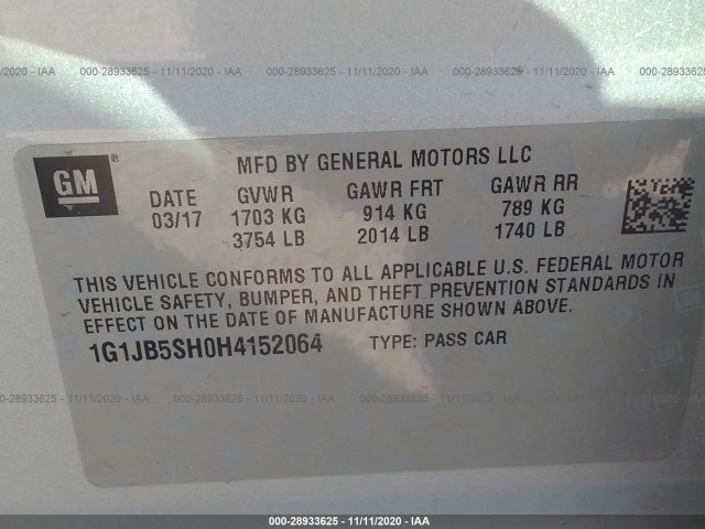 Photo 8 VIN: 1G1JB5SH0H4152064 - CHEVROLET SONIC 