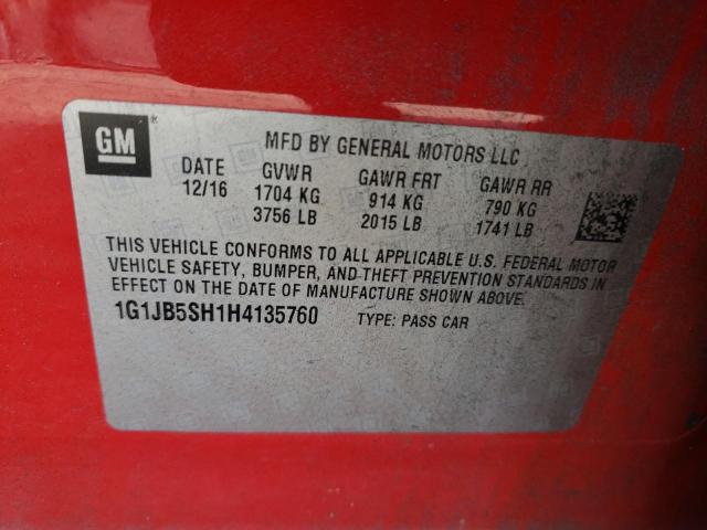 Photo 9 VIN: 1G1JB5SH1H4135760 - CHEVROLET SONIC LS 