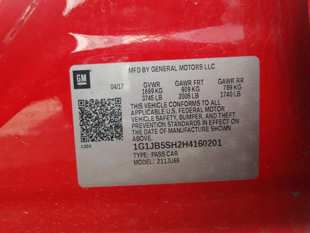 Photo 9 VIN: 1G1JB5SH2H4160201 - CHEVROLET SONIC LS 