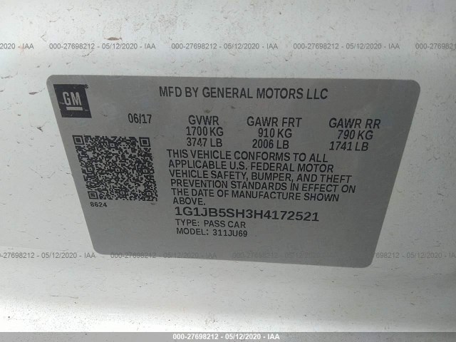 Photo 8 VIN: 1G1JB5SH3H4172521 - CHEVROLET SONIC 