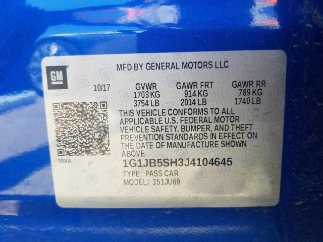 Photo 9 VIN: 1G1JB5SH3J4104645 - CHEVROLET SONIC LS 