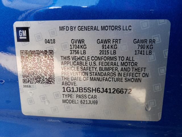 Photo 9 VIN: 1G1JB5SH6J4126672 - CHEVROLET SONIC LS 