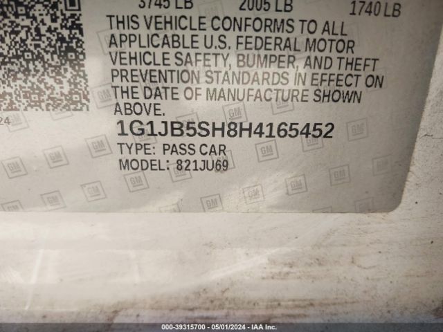 Photo 8 VIN: 1G1JB5SH8H4165452 - CHEVROLET SONIC 