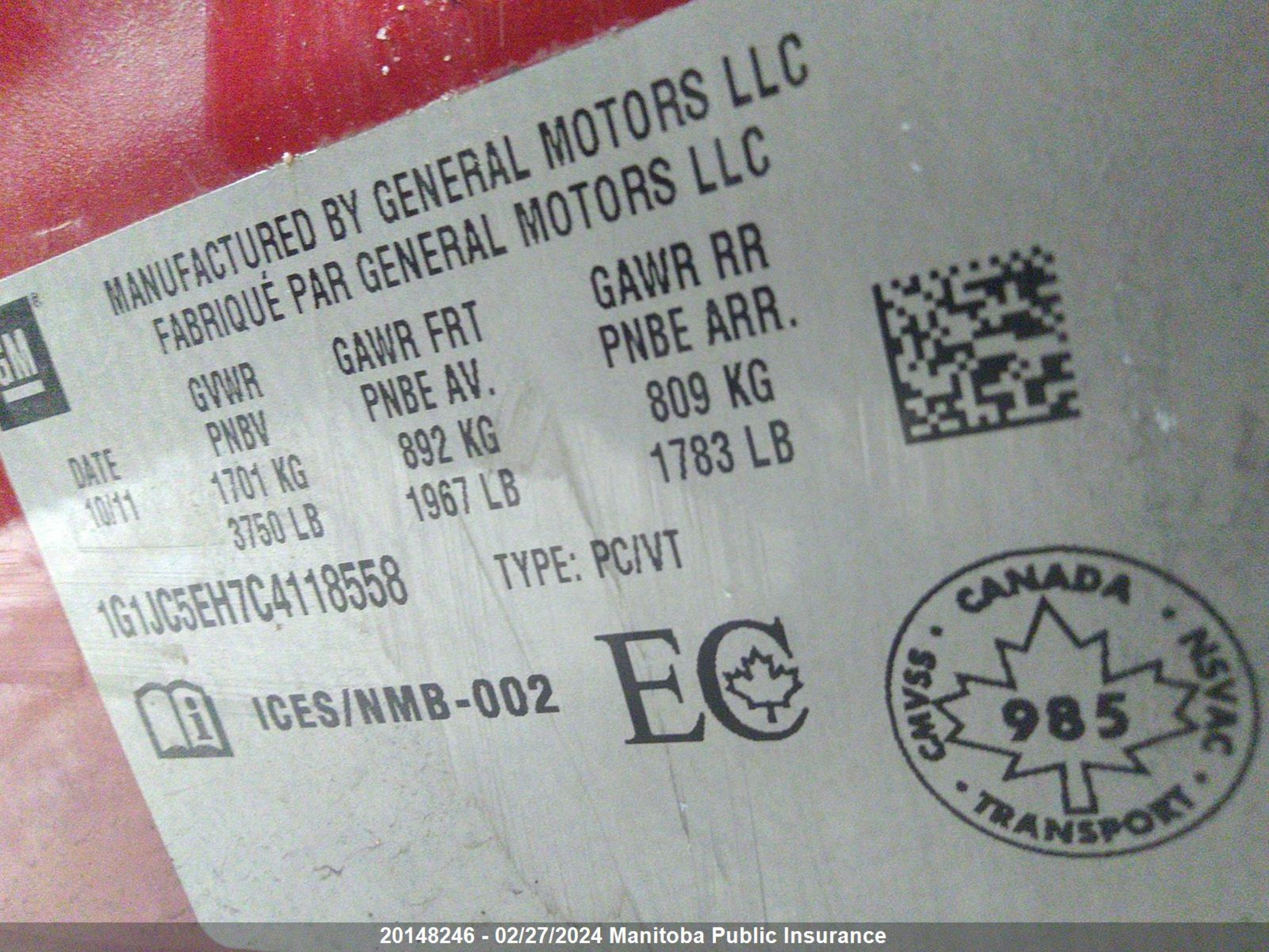 Photo 8 VIN: 1G1JC5EH7C4118558 - CHEVROLET SONIC 