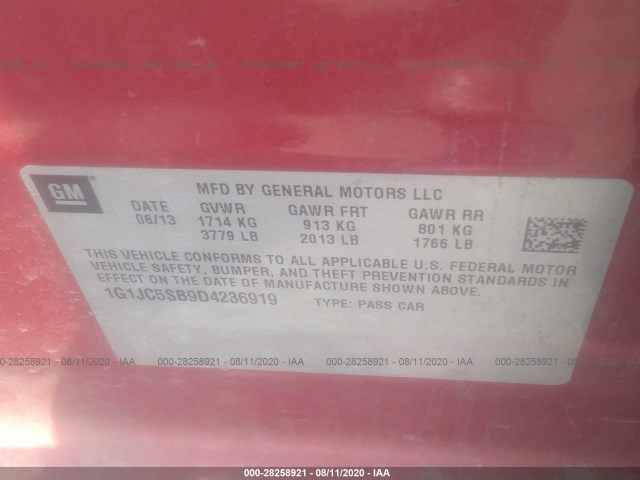 Photo 8 VIN: 1G1JC5SB9D4236919 - CHEVROLET SONIC 