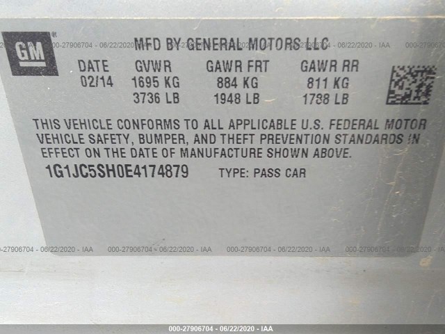 Photo 8 VIN: 1G1JC5SH0E4174879 - CHEVROLET SONIC 