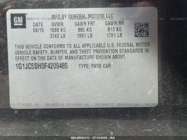 Photo 8 VIN: 1G1JC5SH0F4209485 - CHEVROLET SONIC 