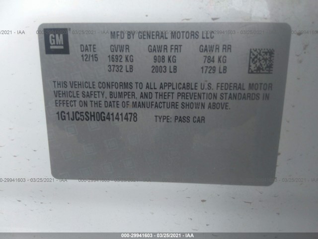 Photo 8 VIN: 1G1JC5SH0G4141478 - CHEVROLET SONIC 