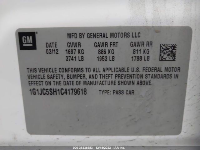 Photo 8 VIN: 1G1JC5SH1C4179618 - CHEVROLET SONIC 