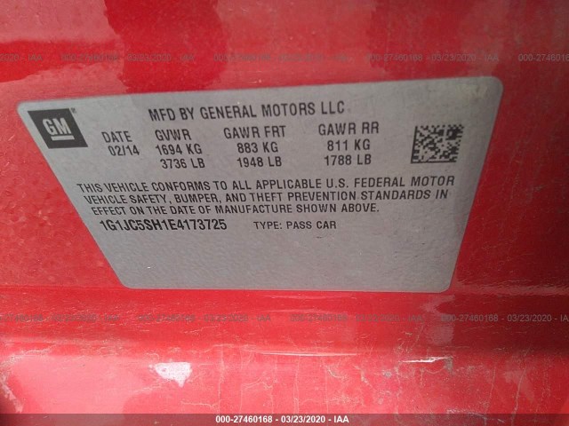 Photo 8 VIN: 1G1JC5SH1E4173725 - CHEVROLET SONIC 