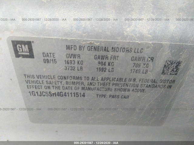 Photo 8 VIN: 1G1JC5SH4G4111514 - CHEVROLET SONIC 