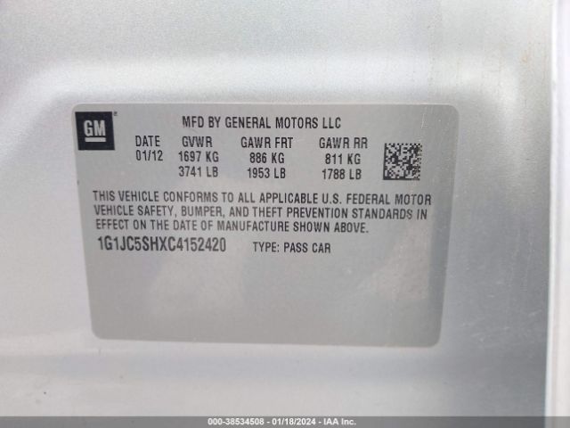 Photo 8 VIN: 1G1JC5SHXC4152420 - CHEVROLET SONIC 