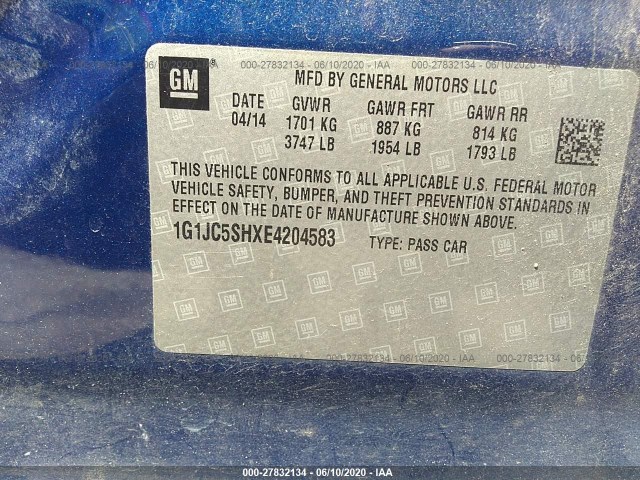 Photo 8 VIN: 1G1JC5SHXE4204583 - CHEVROLET SONIC 