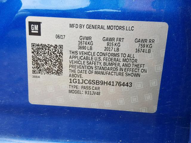 Photo 9 VIN: 1G1JC6SB9H4176443 - CHEVROLET SONIC LT 