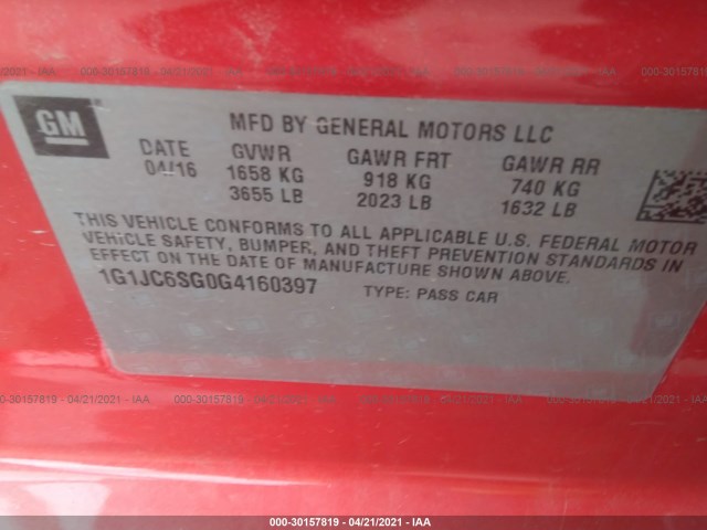 Photo 8 VIN: 1G1JC6SG0G4160397 - CHEVROLET SONIC 