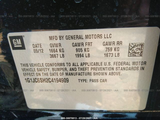 Photo 8 VIN: 1G1JC6SH2C4194909 - CHEVROLET SONIC 