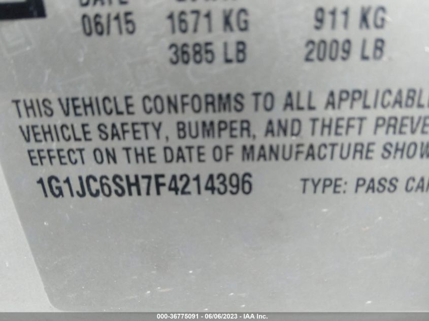 Photo 8 VIN: 1G1JC6SH7F4214396 - CHEVROLET SONIC 